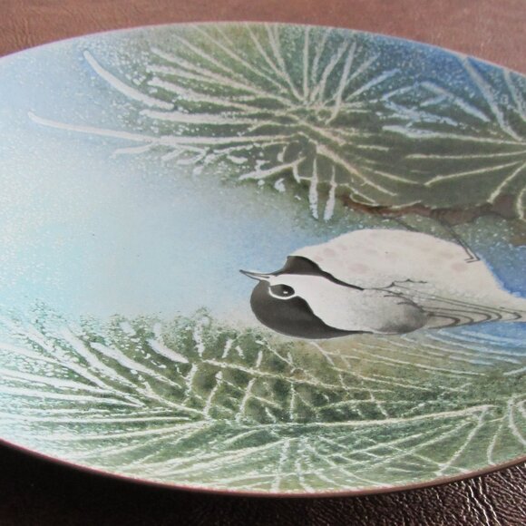 Norman Brumm Enamel on Copper Plate 7" - Chickadee Bird Winter Scene - Picture 3 of 5